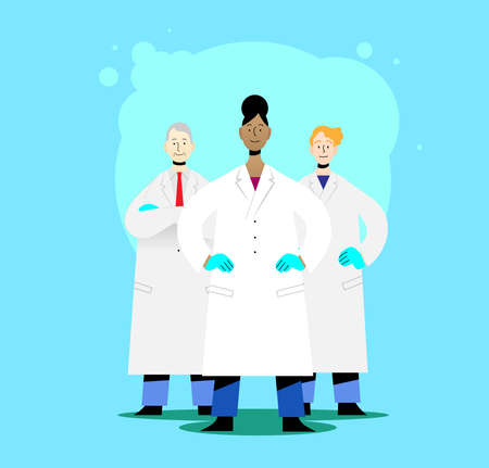Team of three doctors in white coats isolated vector illustration. Old man doctor, young black woman doctor and young man doctor. Concept of fighting together pandemic.のイラスト素材