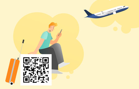 Young man holding his smartphone and looking at the screen with qr code. QR code scanning technology...