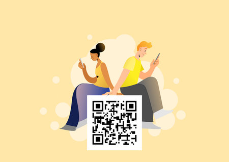 QR code scanning technology app for smartphone. People holding smartphone in hand. Young woman and...