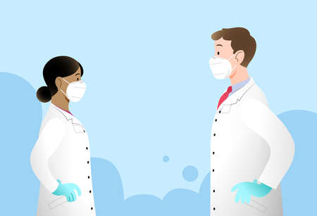 Young man and woman doctors profile portrait flat vector, wearing protective ffp2 or kn95 masks. Characters isolated, facing each other. Hands on hips pose. Team work concept.のイラスト素材