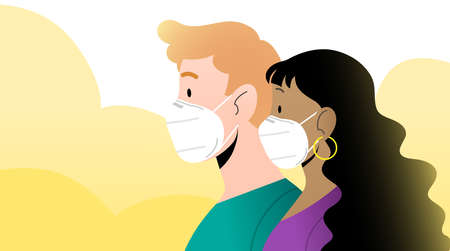Young man and woman profile close-up flat vector, wearing protective white FFP2 or KN95 masks. Characters isolated. Masks can be removed.のイラスト素材