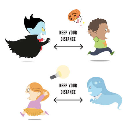 Keep your distance during Halloween. Preventing by social distancing/ physical distancing. Kids chased by monsters.のイラスト素材