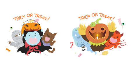 Halloween trick or treat. Group of monster kids asking for candies. Mummy, vampire, werewolf, ghost, pumpkin and devil.のイラスト素材