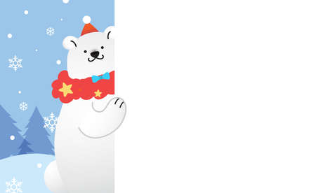 White polar bear holding a blank white signboard template with winter scenery in background.のイラスト素材