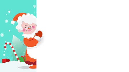 Mrs Claus cartoon character holding a blank white billboard template vector illustration with Christmas decoration in background.のイラスト素材