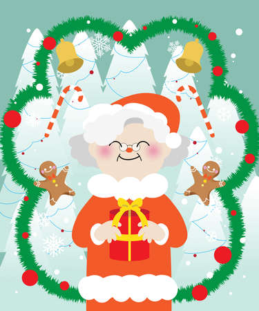 Christmas card vector illustration with Mrs Claus, Mother Christmas, Christmas decorations and giftsのイラスト素材