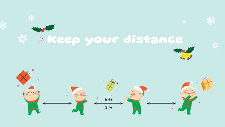 Social distancing during december. Christmas card with elves and gifts. Keep your distance sign.のイラスト素材