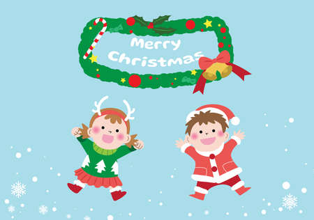 Kids in Christmas costumes, Christmas vector card illustrationのイラスト素材