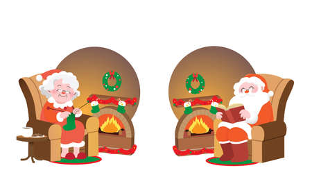 Christmas Santa Claus and Mrs Claus isolated characters sitting in armchair in front of fireplace. Cozy fireplace interior with christmas decorations.のイラスト素材