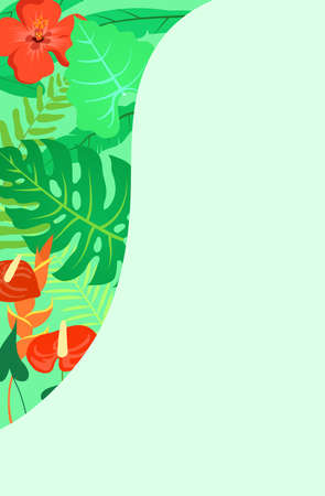 Summer sale vector template poster. Exotic tropical plants and exotic flowers background with copy space. Monstera leaf, palms leaves, Anthurium flowers and Hibiscus.のイラスト素材