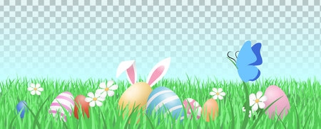 Easter eggs with bunny ears in a garden grass banner isolated vector. Springtime lawn grass with...
