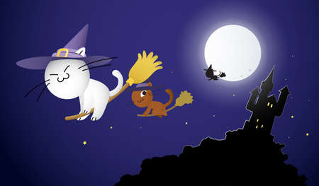 Halloween night background illustration. Cute cats disguised as witches flying with brooms with a dark haunted castle in background and full moon. Witches flying in the sky.の写真素材