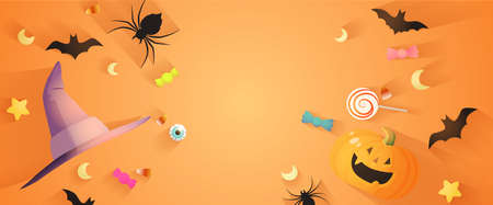 Halloween decorative elements background banner. Carved pumpkin, witch hat, Halloween candies, bats and spiders with shadows on an orange background. Halloween party banner.の写真素材