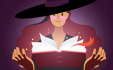 Halloween banner illustration. Young pretty witch practicing witchcraft with an open spells book. Witch doing magic.の写真素材