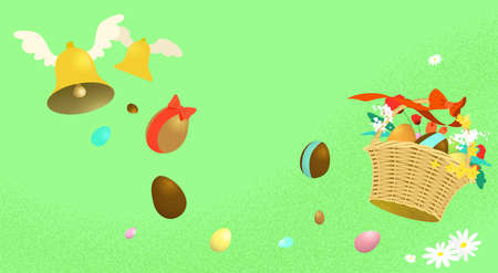 Easter bells flat illustration. Golden flying bells bringing chocolate easter eggs with a basket of colorful eggs. Easter religious tradition celebration.の写真素材