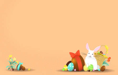 Happy Easter celebration illustration banner. Cute easter bunny with a wicker basket full of eggs. White bunny with colorful chocolate easter eggs.の写真素材