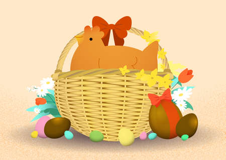 Easter celebration flat card illustration. A cute chicken in a basket full of chocolate eggs.の写真素材