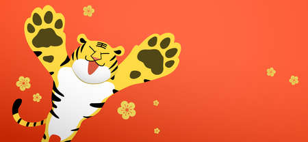 Wishing a happy chinese new year vector banner, lunar new year or year of tiger 2022. Cute zodiac tiger with mouth open on a red background with golden decorative flowers.のイラスト素材