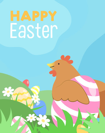 Easter chicken with decorated easter eggs in grass vector illustration background. Cute hen holding an easter egg. Eggs hunt or Easter sales template poster background.のイラスト素材