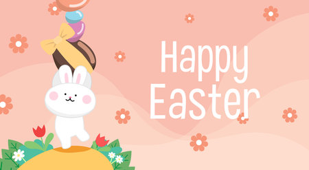 Cute cartoon easter bunny holding pile of colorul easter eggs with flowers. Easter sales banner or...