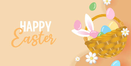 Wicker basket with colorful easter eggs and white bunny ears vector illustration banner. Springtime easter sales template with decorative flowers. Happy easter text banner.のイラスト素材