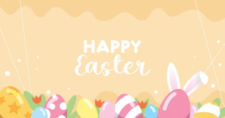 Easter eggs with rabbit ears border frame template banner vector illustration. Springtime easter sales template poster.のイラスト素材
