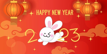 Happy Chinese New Year of rabbit 2023 greeting card. Spring festival gold lunar new year celebration...