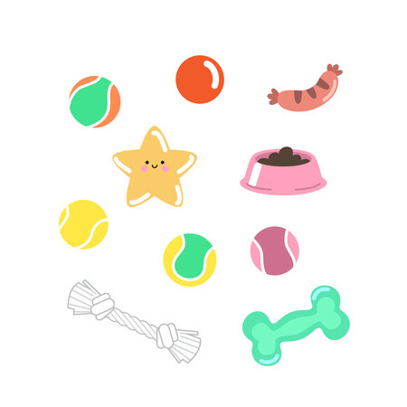 Dog toys clip art vector set. Dog plastic balls toys, chewing toy, pet dog bowl, bone toy. Pet shop accessories for dogs.のイラスト素材