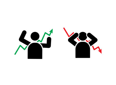 Financial gain and financial loss character icon vector symbol. Up and down finance business arrow. Man losing money and man winning money vector.のイラスト素材