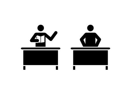 Teacher at his desk in classroom vector icon. Professor course with book.のイラスト素材