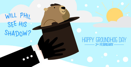 Groundhog Phil popping from a top hat hold by a man. Groundhog day February 2 banner vector illustration.のイラスト素材