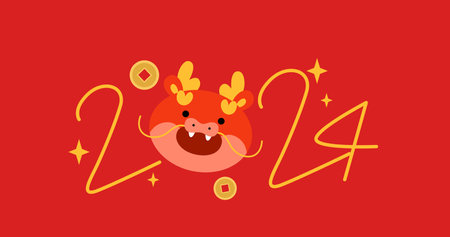 2024 chinese new year dragon head vector. Cute chinese zodiac dragon head with smiley face greeting card with lucky coins on background. Wishing a happy lunar new year 2024.のイラスト素材