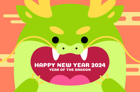 Cute chinese dragon head with mouth open vector card. Year of the dragon 2024, closeup on chinese dragon mouth, lunar new year greetings cardvector with oriental style clouds.のイラスト素材