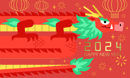 Chinese zodiac stylized dragon 2024 with paper lanterns and fireworks in background. Year of the dragon banner template vector.のイラスト素材