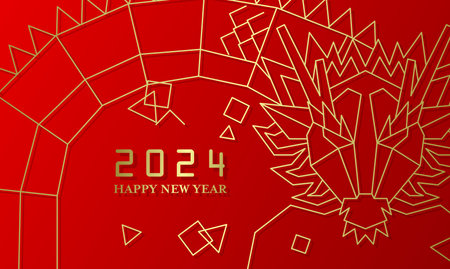 Happy chinese new year of dragon 2024 gold line art card. Zodiac dragon head greeting card for lunar new year.のイラスト素材