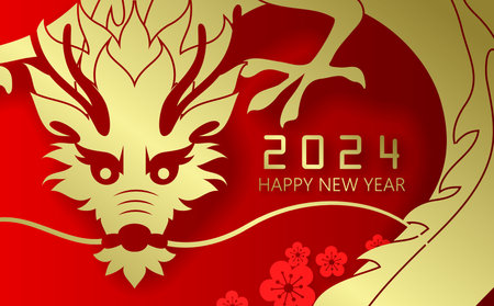 Chinese new year 2024 gold paper cut style card. Asian plum blossoms decorations. Year of the dragon banner design vector.のイラスト素材
