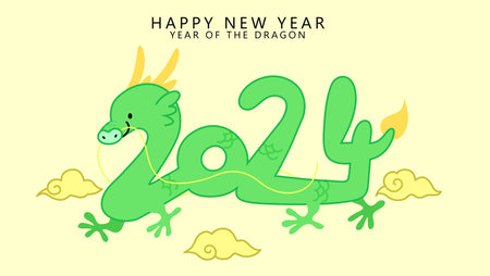 Cute year of the dragon 2024 greeting card illustration, asian dragon with numbers shape, 2024 celebration of lunar new year.のイラスト素材