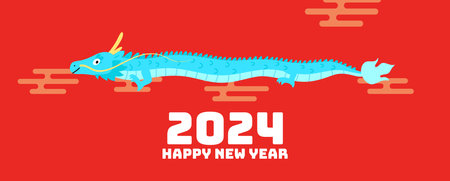 Flying chinese dragon new year 2024 card. Happy lunar new year 2024 or chinese new year of the dragon cute cartoon card.のイラスト素材
