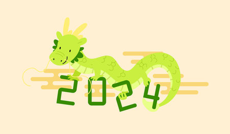 Chinese dragon holding 2024 numbers. Happy chinese new year of the dragon 2024 cute greetings card.のイラスト素材