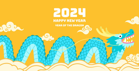 Happy chinese new year of dragon 2024 card illustration with funny dragon in waves and clouds background.のイラスト素材