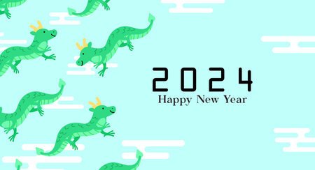 Flying chinese dragons new year 2024 card. Lunar new year greeting card for year of the dragon on a sky background with auspicious clouds. Japanese clouds style, oriental clouds.のイラスト素材
