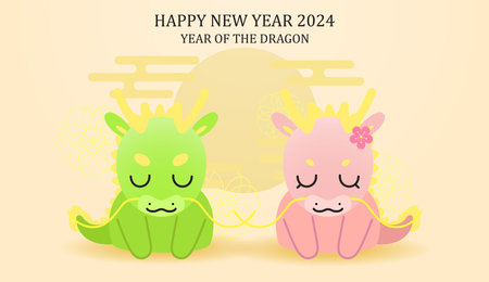 Cute chinese dragons couple bowing wishing happy new year. Year of the dragon 2024, lunar new year greetings card vector template.のイラスト素材