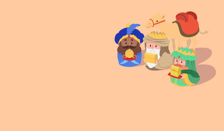 Three wise men, magi or three biblical kings presenting gifts of gold, frankincense, and myrrh cartoon vector. Nativity or epiphany banner vector. Melchior, Caspar and Balthazar.のイラスト素材