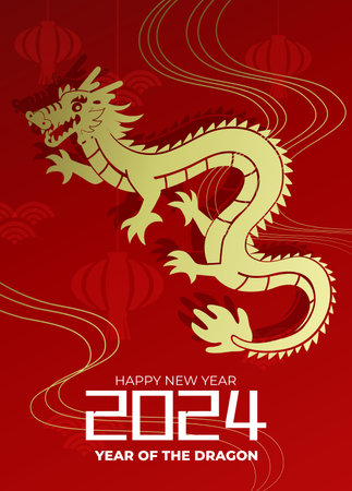 Golden dragon silhouette on red background with lanterns. Lunar new year 2024 vector card.のイラスト素材