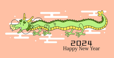 Cute cartoon flying dragon new year 2024 card. Year of the dragon greetings card illustration with clouds background.のイラスト素材