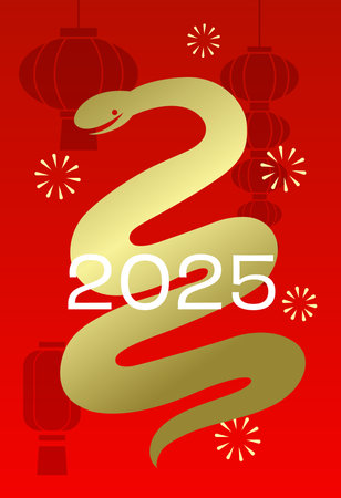 Chinese new year gold and red snake card with lanterns. Lunar new year 2025, year of the snake greeting card.のイラスト素材