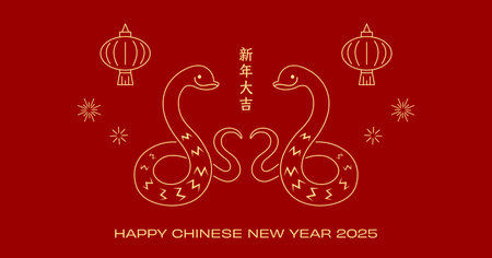 Chinese new year 2025 line art with zodiac snake couple on chinese lanterns background. Twins snakes line drawing for chinese new year of the snake celebration.のイラスト素材