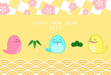Cute cartoon snakes with plum bamboo and pine pattern. Three friends of winter plants background with three cute zodiac snakes. Happy new year 2025 card.のイラスト素材