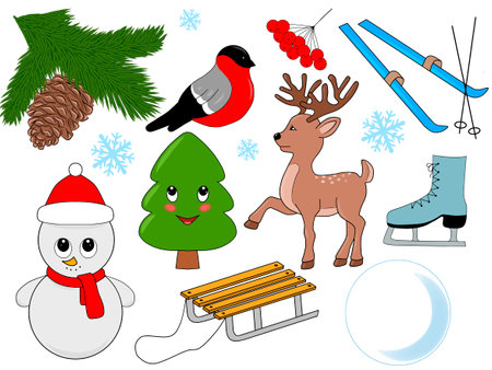 a set of winter Christmas items isolated on a white backgroundの写真素材