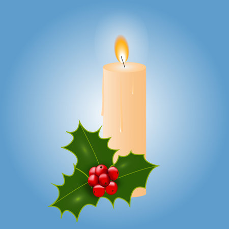 a burning candle with a sprig of holly on a blue background is a Christmas compositionのイラスト素材